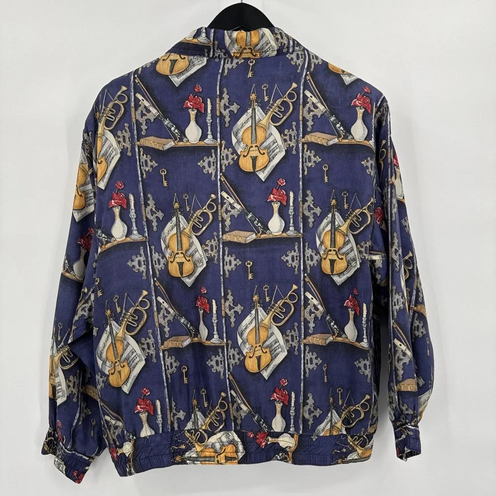 VTG Silk Road 100% Silk Track Jacket Women's M Musical Instruments Abstract  80s